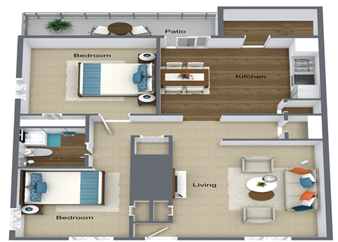 2 Bed 1 Bath Floor Plan at Colony Townhomes, Raleigh